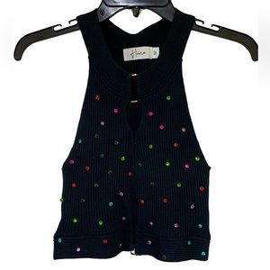 New - Hana Cropped Ribbed Knit Top Sleeveless rhinestone & gold hardware Size M